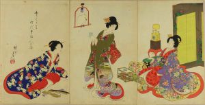 CHIKANOBU/Beauties admiring parrot, from */Tokugawa jidai kifujin no zu/*  (Noble ladies of Tokugawa era), triptychのサムネール