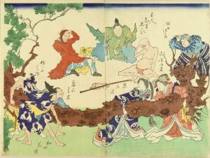 UNSIGNED/A caricature, illustrating figures pulling a pine tree while a foreigner laughing at, diptychのサムネール