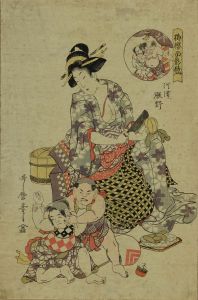 UTAMARO II/Beauty looking at children fighting, with a round reserve with picture of fight between Kawazu Saburo and Matano Goro, from */Baio omokage kurabe/* (Comparison of Plum and Cherry)のサムネール