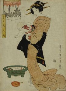 EIZAN/Beauty holding a baby looking into a basin with goldfish, titled */Tenno gosairei no keshiki/* (View of Tenno Festival), from */Tosei bijin soroi/* (Collection of beauties of the day)のサムネール