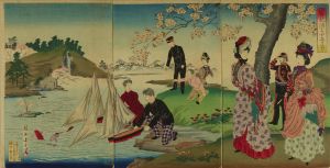 CHIKANOBU/Boys floating boats on a pond, triptychのサムネール