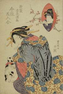 TOYOKUNI II/Beauty and a cat with a sake cup shaped reserve with a portrait of the actor Iwai Hanshiro, titled */Shinsei sugatami shuhai Imayo bijin awase/* (New mirror of sake cup, collection of modern beauties)のサムネール