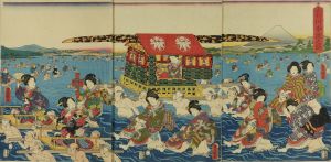 TOYOKUNI III/Beauties crossing Oi River, triptychのサムネール