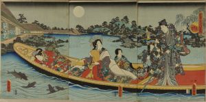 TOYOKUNI III/Mitsuuji and beauties on a boat, titled */Minatsuki/*（Sixth month), from */Wakamurasaki nenchu gyoji no uchi/* (Annual events of young Murasaki), triptychのサムネール