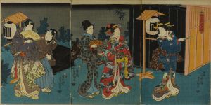 TOYOKUNI III/Mitsuuji and a beauty with servants strolling in the night, triptychのサムネール