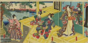 TOYOKUNI III/Mitsuuji and beauties in a terraced room overlooking a garden with wisteria, triptychのサムネール
