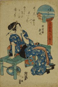 EISEN/Beauty seated on a bench, subtitled Satsuki Kawahiraki (River opening in the fifth month), from Ukiyo bijin junikagetsu (Twelve months of beauties of the floating world)のサムネール