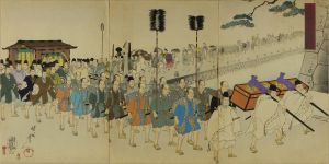 CHIKANOBU/Feudal lords entering the castle to celebrate the shogun's inauguration, from Chiyoda no on'omote (Outer palace of Edo Castle), triptychのサムネール