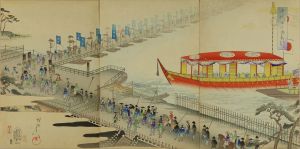 CHIKANOBU/Matsudoshuku funahashi (Pontoon Bridge at Matsudo), from Chiyoda no on'omote (Outer palace of Edo Castle), triptychのサムネール