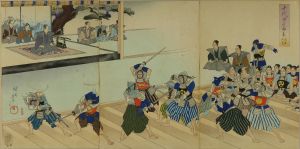 CHIKANOBU/Bujutsu joran (Shogun observing swordfight training), from Chiyoda no on'omote (Outer palace of Edo Castle), triptychのサムネール