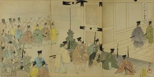 CHIKANOBU/Feudal lords visiting Edo Castle at New Year's Day, from Chiyoda no on'omote (Outer palace of Edo Castle), triptychのサムネール