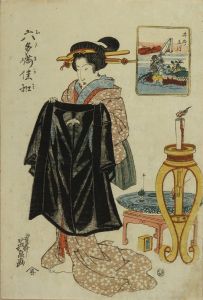 EISEN/A beauty holding a robe, standing by a candle stand and a table with floating bolls, subtitled Ide no Tamagawa (Jewel River of Ide), from Mutamagawa (Six Jewel Rivers)のサムネール