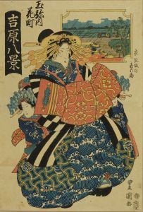 TOYOKUNI II/Emonzaka no yoru no ame (NIght rain at Emon Hill), from Yoshiwara hakkei (Eight views of Yoshiwara), with portrait of the courtesan Hanamachi of Tamayaのサムネール