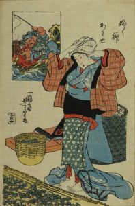 YOSHITORA/Beauty standing by silkworm, rectangle reserve with picture of Ebisu, from */Fukujin awase/*  (Collection of lucky gods)のサムネール