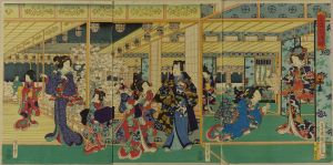 KUNISADA II/Mitsuuji and beauties oin an interior facing to an inner garden withcherry blossom, triptychのサムネール