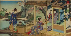 CHIKANOBU/Beauties in a terraced room overlooking a garden, triptychのサムネール