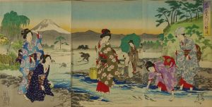 CHIKANOBU/Tamagaw no ayuryo (Catching sweetfish on Tama River), triptych のサムネール