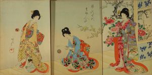CHIKANOBU/Beauties playing with balls on a terrace, from Tokugawa jidai kifujin no zu (Noble ladies of Tokugawa era), triptychのサムネール
