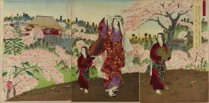KIYOCHIKA/A beauty and servants viewing Kiyomizu Temple surrounded by cherry blossom, with a poem by Ono no Komachi, from prints offered at Choga kyoshin kai (Printed picture competition), triptychのサムネール
